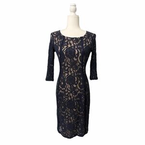 InWear Navy Lace Long-Sleeve Sheath Dress with Nude Underlay - Size 8